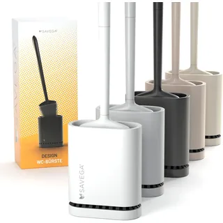 SAVEGA - Silikon Klobürste mit flachem und biegsamem Kopf - Toilettenbürste aus Silikon mit schnell trocknendem Halter - Moderne WC Bürste für die Wandmontage ohne Bohren (weiß, matt) - 1er Set
