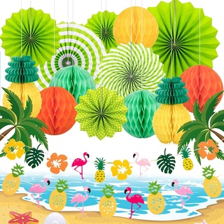 Flamingo Deko Hawaii Party Deko Set, XCOZU Hängende Papierfächer Blätter Ananas Deko Sommerparty Deko, Tropical Beach Party Girlande für Geburtstag Hochzeit Garten Pool Dekoration Accessoires