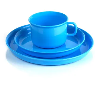 1 Stück Geschirrset Geschirrservice Kaffeeservice Frühstücksset 3-teilig, besteht aus Tasse Untertasse und Teller, aus Kunststoff Plastik, Mehrweggeschirr, Farbe hellblau