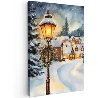 MuchoWow Leinwandbild Weihnachtsdorf - Häuser - Schnee - Weihnachten Wanddeko Schlafzimmer 60x90 cm , Sandfarben , Textil , Kiefer , Abstrakt , Rechteckig , 60x90 cm , FSC 100% , gerahmt , Bilder & Rahmen, Bilder, Leinwandbilder