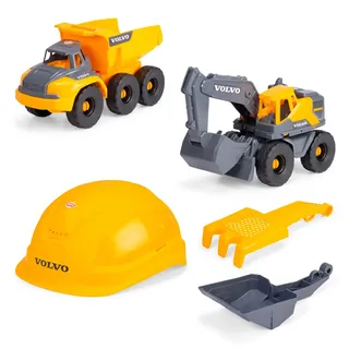 Dickie Toys - Volvo Baustellen-Set Construction (5-TLG.) - großer Spielzeug-Bagger und Muldenkipper (je 26 cm) mit Helm, Schaufel & Rechen-Sieb, Auto- und Sandspielzeug für Kinder ab 3 Jahre