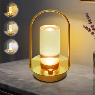 LED Dimmbare Tischlampe Kabellos, Tragbare USB Aufladung 3 Farbtemperatur Tischleuchte Mit Touch Steuerung, Akku Tischlampe Nachttischlampe Gold, Tragbare Kristall-Laternen Lampe Für Innen Und Aussen
