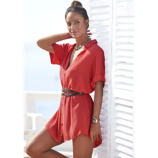Longbluse LASCANA, Damen, Gr. 40, rot (korallrot), Crêpe, Obermaterial: 100% Viskose, unifarben, figurumspielend kurz, mit Aufschlag, Blusen Longbluse, mit Knopfleiste, Kurzarmbluse, Blusenkleid, sommerlich, Topseller