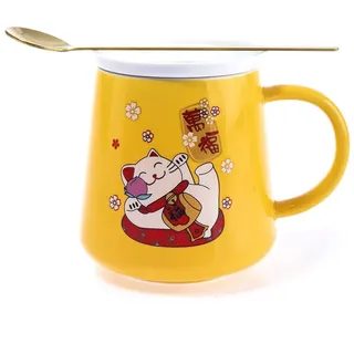 lachineuse - Tasse Katze Maneki Neko 250 ml – gelbe Tasse aus Porzellan mit Deckel & Löffel – japanische Tasse für Tee & Kaffee – japanische Katze Kawaii Lucky Cat – Geschenkidee Japan Asien