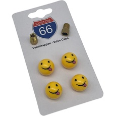 4er Set Ventilkappen + 2 Fahrradadapter - Smiley mit Zunge in gelb - für jedes Auto, Motorrad und Fahrrad geeignet