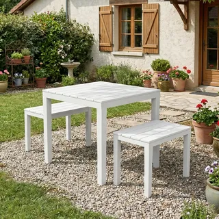 Dmora - Outdoor-Lounge-Set Moncalieri, Gartenkomposition mit 1 quadratischem Tisch und 2 Bänken, Indoor- und Outdoor-Lounge von Pic Nic, 100 % Made in Italy, Weiß