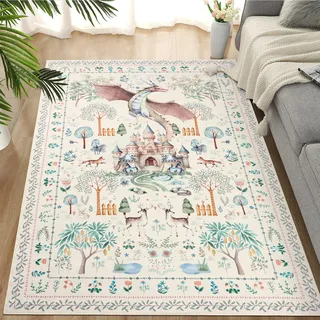 TUKDAK Drachen Teppich Wohnzimmer rutschfest 120x180cm,Beige Waschbar Teppich Schlafzimmer,Boho Tiere Kurzflor Bettvorleger Teppiche Gegend,Fantasy Dschungel Teppichen Kinderzimmer Büro Esszimmer