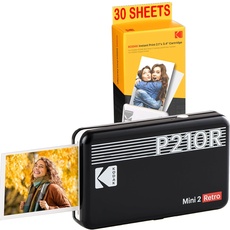KODAK Mini-Drucker P210 Retro 2 + Kartusche und Papier für 30 Fotos – Drucker mit Bluetooth – Fotos Format CB 5,3 x 8,6 cm – Lithium-Akku – Thermosublimation 4 Pass