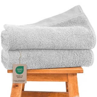 Hausfelder Duschtücher 2er Set 70x140 cm – Baumwolle, Hellgrau | weich & saugstark, Oeko-Tex geprüft, stabile Aufhängeschlaufe, bis 60 °C waschbar & trocknergeeignet, flauschiger Frottee