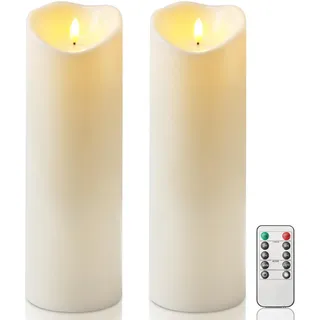 Homemory 10cm x 30,4cm Wasserdicht Flackernden Flammenlose Kerzen, Outdoor-Batterie Betriebene LED-Säule Kerzen mit Fernbedienung Timer, Elektrische Gefälschte Kunststoff-Kerzen, Elfenbein, 2er-Set