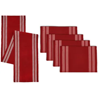 Encasa XO Tischläufer und Platzset Set 4 | Feingerippte Baumwolle | Leiter Rot | 1 Tischläufer Größe 32x137 cm & Jede Tischmatte Größe 48x32 cm