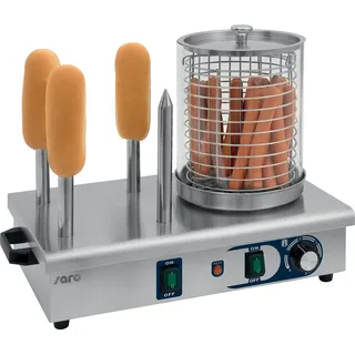 Saro Hot-Dog-Maker – Mit Glaszylinder & 4 Toaststangen – Edelstahl – Thermostat 0–110 °C – 0,65 kW – B 480 x T 280 x H 410 mm - Modell HW 2