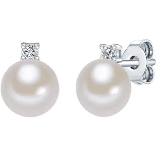 Valero Pearls Damen-Ohrstecker Süßwasser-Zuchtperlen 6 mm Button weiß 925 Sterling Silber Zirkonia transparent - Perlenohrstecker mit echten Perlen