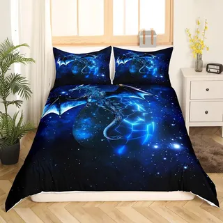 Loussiesd Galaxy Dragon Bettbezug 135x200 cm Kinder Chic Weltraum Sternenhimmel Bettwäsche Set Dschungeltiere Drachen Bettwäsche für Jungen Kinder Teens Schlafzimmer Dekor Blau Schwarz Betten Set