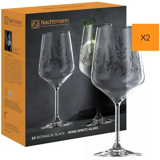 Nachtmann Weingläser 2er Set, 630 ml, Tattoo Botanical, 105723, Spritzgläser mit floralem Design, Schwarz, Kristallglas, Aperitifgläser spülmaschinenfest