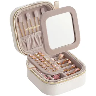 Songmics Reise-Schmuckkästchen Anah 10,5 x 10,5 x 6 cm Weiß-Beige