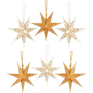 BRUBAKER 6 Papier Sterne Weihnachten - Weihnachtsstern Deko Set - 20 cm Faltsterne Gold Weiß - Großer Baumschmuck Papiersterne - Christbaumschmuck - Weihnachtsbaum und Fenster Dekoration