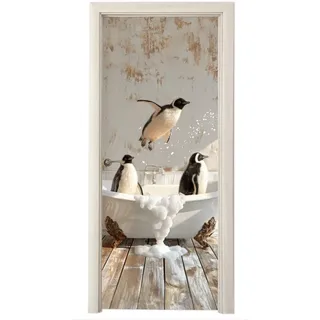 MuchoWow Türaufkleber Selbstklebend - Vintage - Pinguin - Badewanne - Schaumstoff 95x215 cm - Türtapete , Hellbraun , Kunststoff , Rechteckig , 95x0.1x215 cm , Tapeten & Wandverkleidungen, Wandtattoos & Sticker