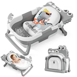 Baby Badewanne mit Thermometer, Krokodile Faltbare Babybadewanne mit Sitzmatte, Rutschfeste Babywanne, Tragbare Baby Bathtub für Neugeborene von 0-36 Monaten, Grau