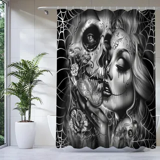 KnSam Duschvorhang 180x200 cm Schwarz Schädel, Antischimmel Textil, Wasserabweisend, Waschbar Polyester Stoff Badevorhänge mit Ösen und 12 Duschvorhangringe für Badezimmer, Badewanne