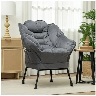 Homcom Sessel Wohnzimmer Loungesessel Gepolstert Relaxsessel mit Seitentasche, Stahlbeine Polstersessel mit Samtoptik, Einzelsessel für Schlafzimmer, Grau