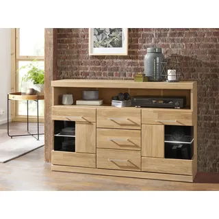 Home Affaire »Ribe,125cm breit, Fronten Massivholz,5 Fächer,Böden versetzbar« Korpus Holzwerkstoff,Türen mit Glaseinsatz,3 Schubladen,Metallgriffe