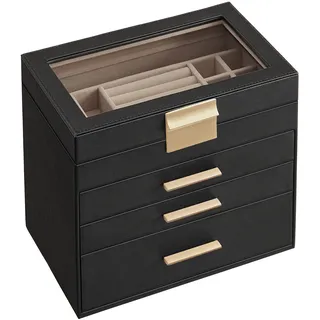 SONGMICS Schmuckkästchen, Schmuckkasten mit 4 Ebenen, Schmuckbox mit Glasdeckel, 3 Schubladen, für Sonnenbrillen, große Schmuckstücke, Schmuckaufbewahrung, modern, graphitschwarz-golden JBC161B02