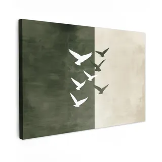 MuchoWow© Bild auf Leinwand Groß XXL Schlafzimmer Bilder Badezimmer Wand | 120x80 cm - Deko Wohnzimmer Modern Wanddeko Bilderwand Geschenk Japandi - Vogel - Grün