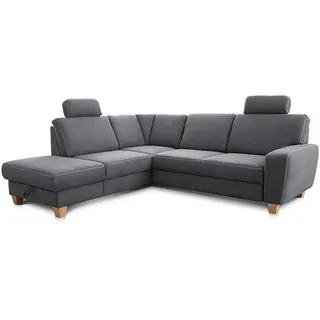 Cavadore Ecksofa Wisconsin mit Vorziehsitz / Eckcouch mit Federkern / Inkl. 2 Kopfstützen + Bettkasten / Landhausstil / Holzfüße in Buche / Mikrofaser / Größe: 248 x 88 x 218 cm (BxHxT) / Farbe: Grau