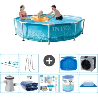 Intex Rundrahmen-Schwimmbecken – 305 x 76 cm – Wasserdruck – inklusive Pumpe Sonnensegel - Wartungspaket - Filter - Bodenplane - Reinigungskit - Leiter