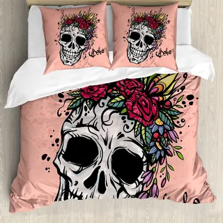 ABAKUHAUS Rose Bettbezug, Schädel Boho Blumenkranz, Milbensicher Allergiker geeignet mit Kissenbezügen, 200 cm x 200 cm - 80 x 80 cm, Coral Multicolor