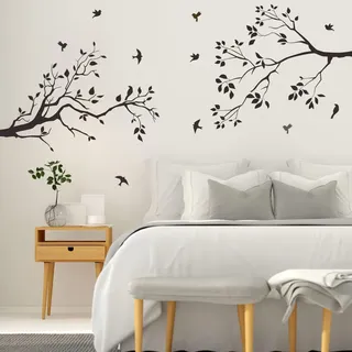 Boom Zweig Wandkunst Aufkleber Schwarze Vögel Blätter Wandsticker für Schlafzimmer Wohnzimmer Kinderzimmer Wanddekoration