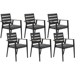 BELIANI Gartenstuhl 6er Set Schwarz Aluminium mit Sitzkissen Grau Stoff Armlehnen Holzoptik Stapelbar Modern Outdoor Indoor Terrasse Balkon Ausstattung - Schwarz, Grau, Braun