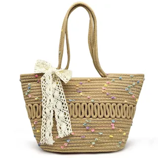 Pahajim Tote Bag Handtasche Geflochten Damen Shopper Tasche Umhängetasche mit Reißverschluss Korbtasche aus Baumwollseil