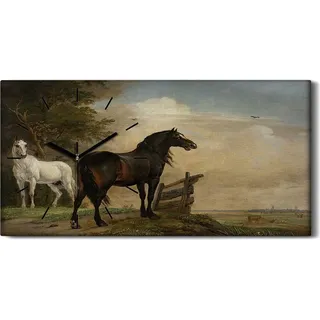 Dekor Leinwand Uhr Wandbilder 60x30 Gemälde Landschaft Wolken Himmel Pferde - schwarze Hände