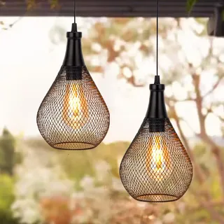 JHY DESIGN Hängelampe 2er Set Batteriebetriebene Schnurlose Lampen Metallkäfig Pendelleuchte mit 6 Stunden Timer Ideal für Partys Terrasse Veranstaltungen für Drinnen und Draußen (Tropfenform)