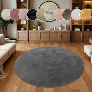 Fellteppich PACO HOME "Kunstfell Soft 380", grau (anthrazit), H:14mm Ø:160cm, Polyester, Teppiche, Fellteppich, Langflor, Kuschelteppich - besonders weich, Uni-Farben