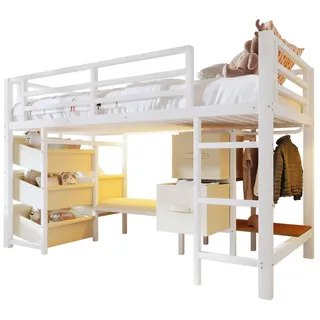 Redom Halbhohes Bett 90/200 cm mit LED-Beleuchtung, Sitzkissen, Stoffschublade und Hängebereich, Metall, Weiß , 90x200 cm , Schlafzimmer, Betten, Metallbetten