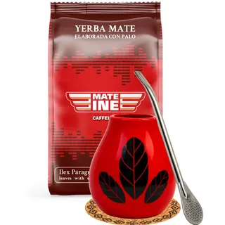 Yerba Mate-Tee Set●Paraguayische Yerba Mate Mateine Caffeine 500g● Keramik mate-tee tasse Hoja Red 350ml● Edelstahl trinkhalm Bombilla 19cm● Yerba-Mate-Tee-Strohhalm●Korkpad● Mate-Trinkgefäß
