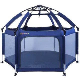 Laufstall Baby Faltbar mit Matratze - CutieClub Klappbar Laufgitter für Babys Pop-up Laufstall, Großer 6 Eckig Playpen mit Anti-UV-Überdachung für Drinnen und Draußen (Marineblau)