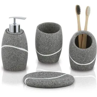 Ibenzoa® 4‐teiliges Bad‐Organizer‐Set – Seifenspender 300 ml (7,6×15,2 cm), Zahnbürstenhalter & Becher (7,6×10,2 cm), Seifenschale (13,5×8,9 cm), Stein‐Optik Grau, bruchfestes Harz - Grau