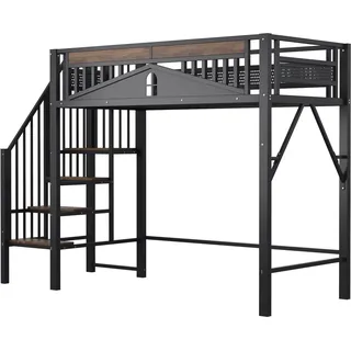 okwish Hochbett 90x200cm mit Sicherheitsumrandung Leiter Jugendbett Schwarz ohne Matratze