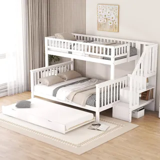 okwish Etagenbett, Heimbett für 3 Kinder, mit Ausziehbett und Treppe, geeignet für Kinder, Jugendliche, weiß, (Oberteil: 90 x 200 cm, 140 x 200 cm) - Weiß