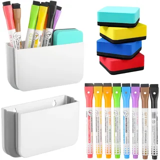 Kapokr Whiteboard-Zubehörset, 14 Stück, Weiß | 2 Magnetstifthalter, 4 Whiteboard-Löschschwämme, 8 Stifte, Für Schule Büro Whiteboards und Kühlschränke