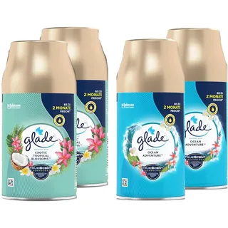 Glade Automatic Spray Nachfüller Mix 4 Stück je 269 ml, Exotic Tropical & Ocean Adventure, Lufterfrischer Nachfüllpack für Duftspender, Raumduft Set