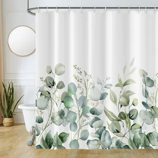 Uiiooazy Duschvorhang 180x200cm Anti Schimmel Eukalyptus Salbeigrün Blätter | Duschvorhang Grüne Aquarell Pflanzen Wasserdicht Waschbar Stoff Polyester Bad Vorhang mit 12 Haken für Badezimmer Badewanne