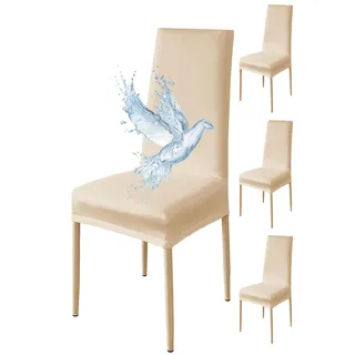 Poligino Stuhlhussen 4er Set Wasserdicht Stretch Universale Weich und Bequem, Stuhlbezug für Haus, Küche, Hochzeit, Restaurant, Party, Hotel, Zeremonie, Bankett - Beige