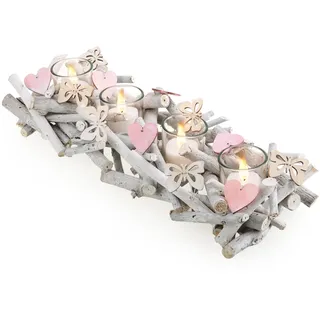 com-four® Kerzenhalter aus Holz - Teelicht-Halter mit Schmetterlingen und Herzen - Holz-Lichterschale - moderner Kerzenteller als Tischdeko - dekoratives Windlicht (Kerzenhalter-weiß)