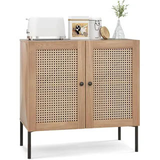 FANTASK Sideboard mit 2 Rattantüren, Küchenschrank aus Holz in Eiche, Buffetschrank Kommode industriell für Küche, Küchenschrank mit Arbeitsplatte & verstellbaren Regalen, Esszimmer, 80 x 40 x 80cm