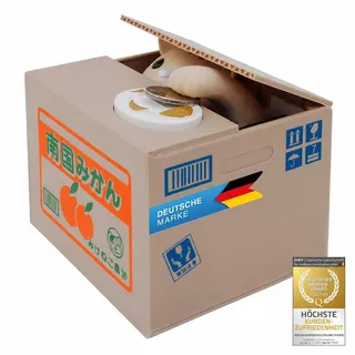 GOODS+GADGETS® Elektronische Spardose Katze 14x12cm Lustiges Sparschwein | Motiviert spielerisch zum Sparen, automatische Itazura Pfötchen-Funktion, 14x12x10cm Kiste, coole Sparbüchse für Euro Münzen